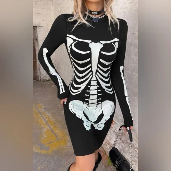 NEW Glow in dark Womens Skeleton Bones LS Dress, XS (2/4) - Picture 3 of 6